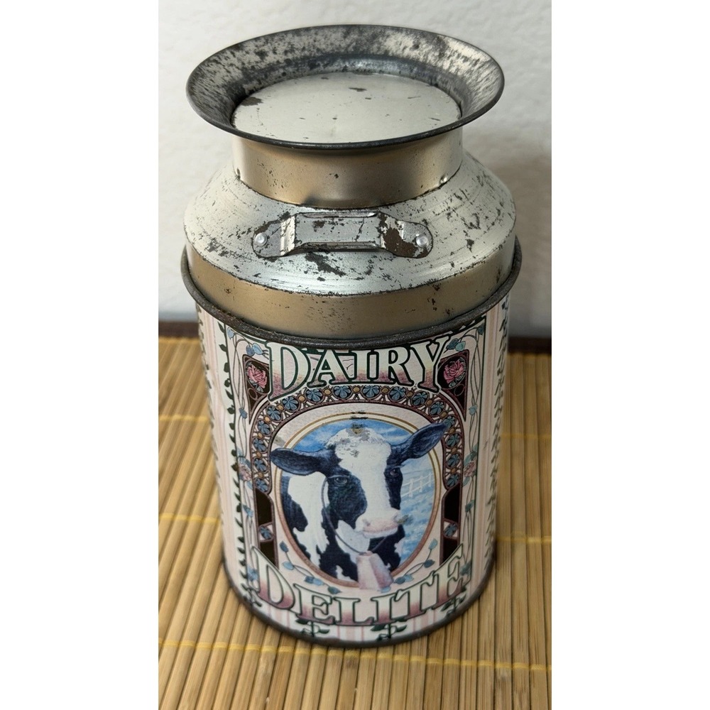 VTG 90s Dairy Delite Cow Milk Jug Tin Canister - Farmhouse / Art Nouveau Decor